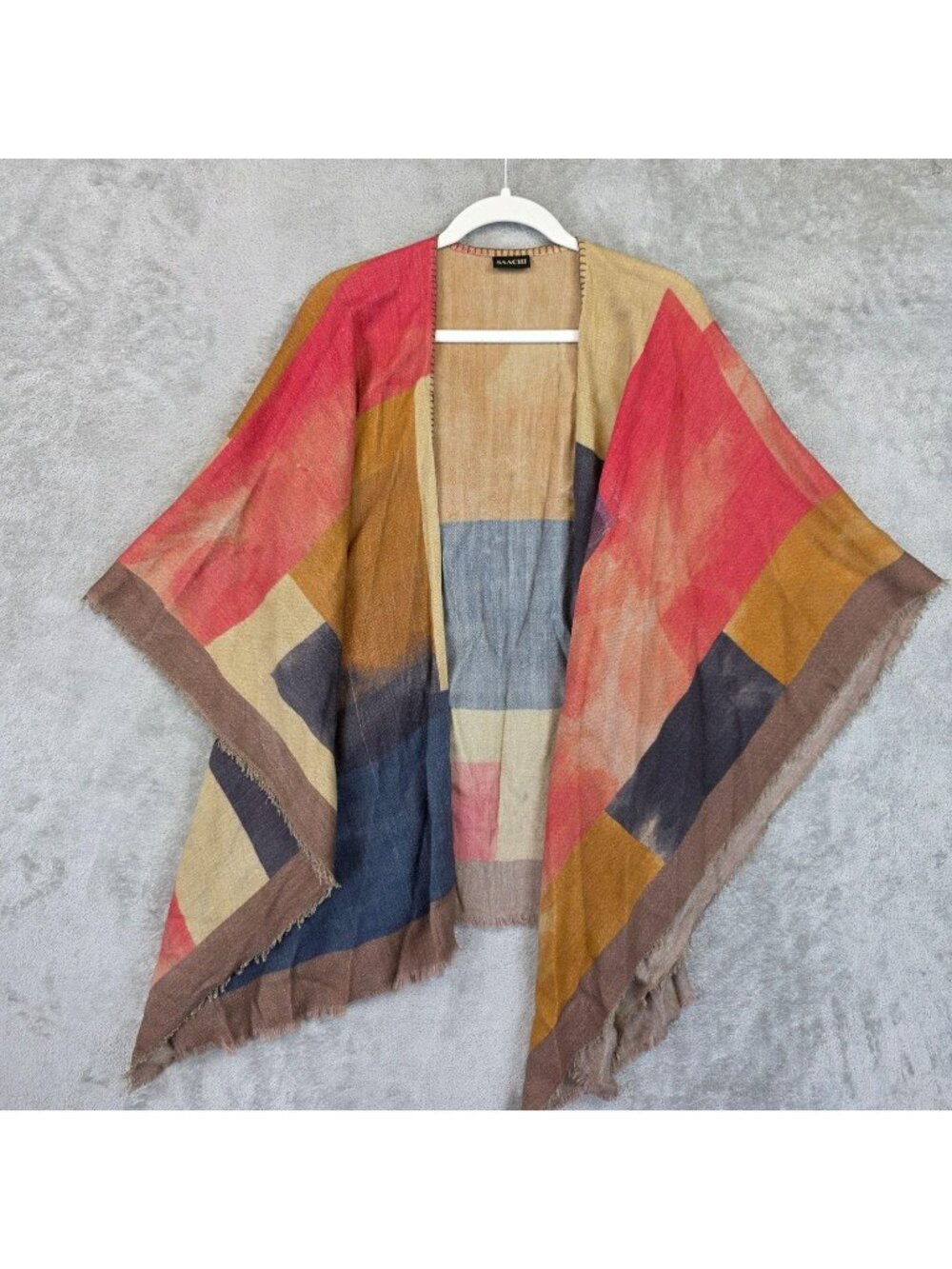 Saachi Shawl Wrap Womens O/S Multicolor Geometric Knit Fringe Boho Ruana Poncho